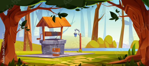 Water well with pulley, wooden roof and bucket standing in forest on shore of lake. Cartoon vector summer woodland scape with stone tubewell with lantern. vintage rustic Source of drinking water.