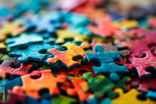 Vibrant puzzle pieces seamlessly fitting together, symbolizing the unity and mental wellness of individuals.