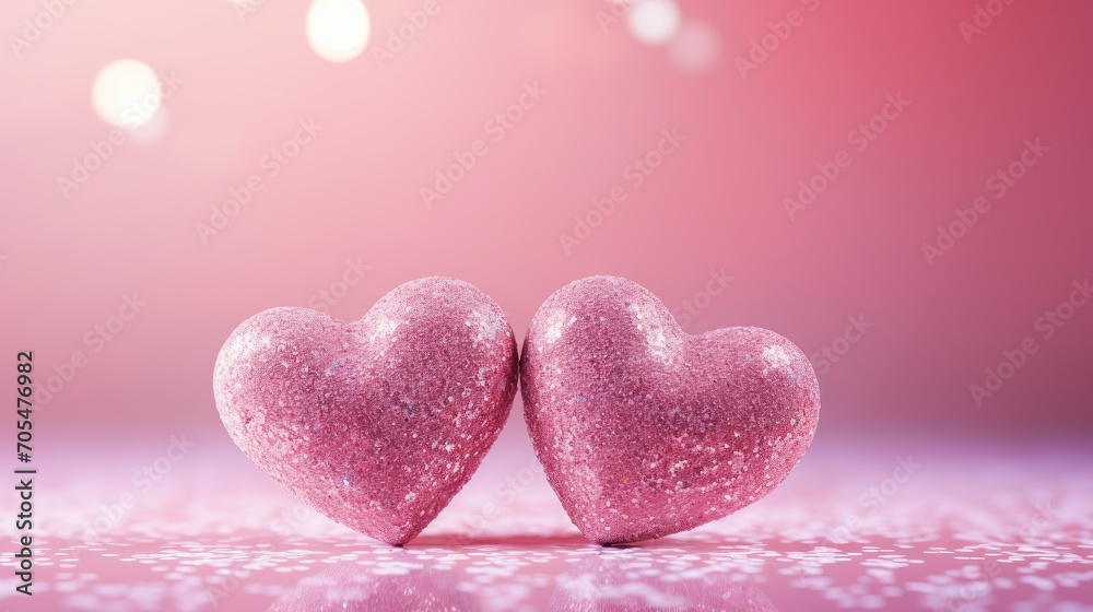 Pink Heart shapes on abstract light glitter background in love concept for romantic moment
