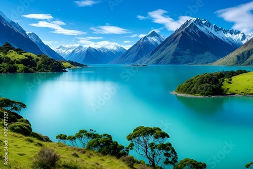 A lake with big mountains and beautiful surroundings and big blue water photo