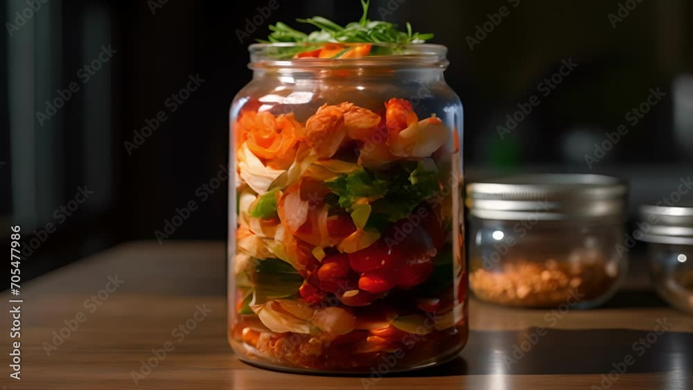 An upclose look at the distinct layers of a jar of kimchi, a traditional Korean dish made through the process of fermentation with vegetables and es. An upclose look at the distinct layers of a jar of kimchi, a traditional Korean dish made through the process of fermentation with vegetables and es.
