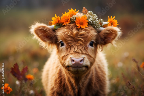 highland cow calf in the meadow with autumn flowers wreath	