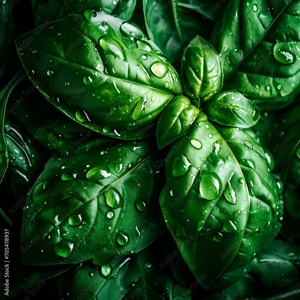 Fototapeta premium A top-down view of fresh basil leaves forming a background, embellished with glistening water droplets and softened shadows. 