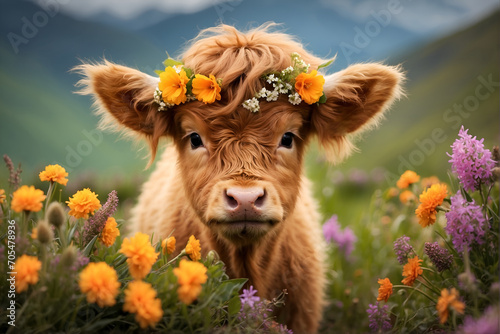 highland cow calf in the meadow with spring flower wreath on its head	
 photo