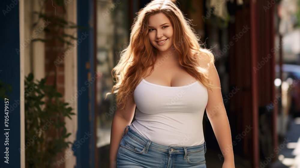 Happy influencer Gen Z with long hair, chubby, body positive, Happy influencer Gen Z with long hair, chubby, body positive,