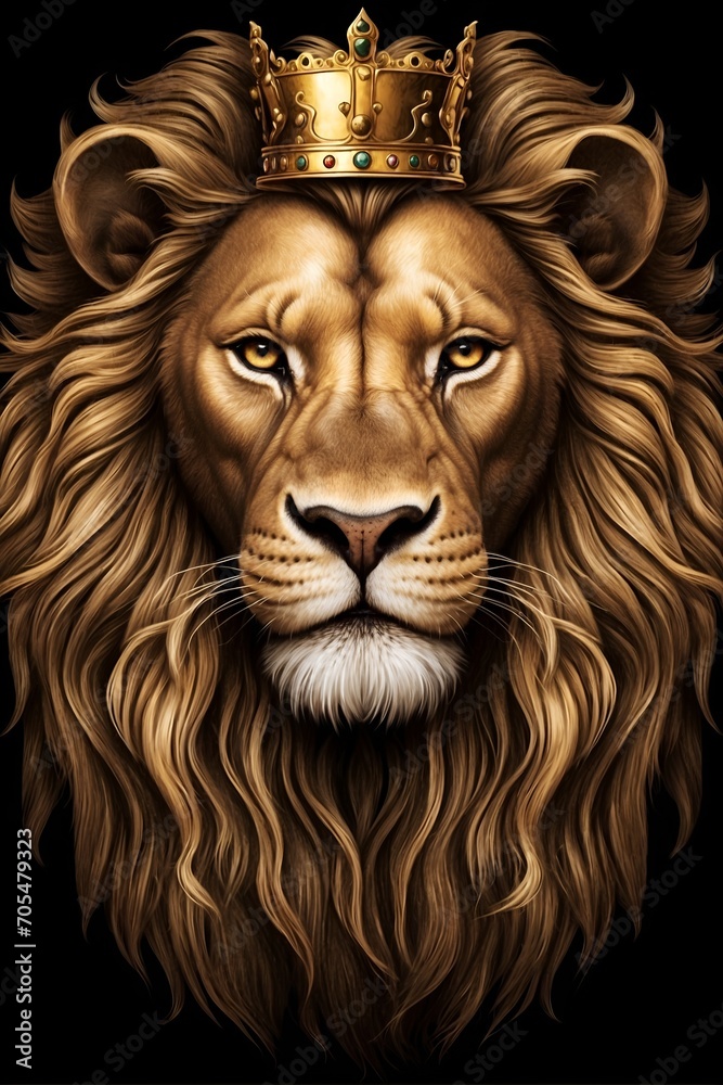 portrait of a lion, golden lion head with crown, lion king portrait of a lion, golden lion head with crown, lion king