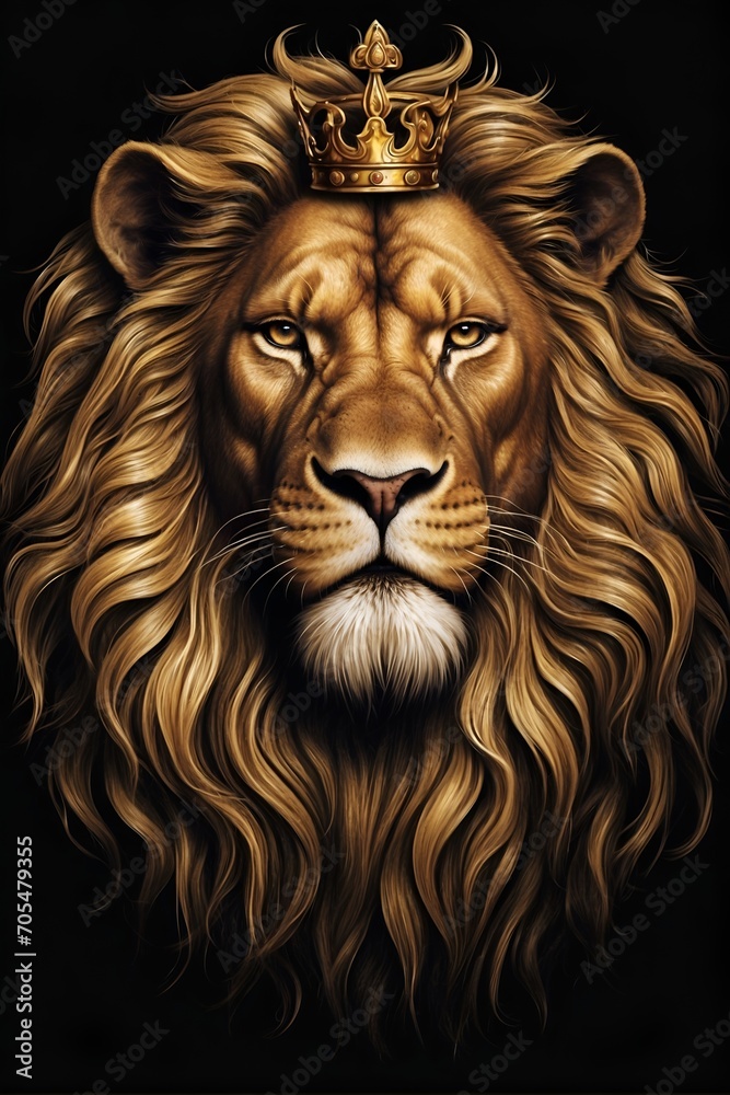 portrait of a lion, golden lion head with crown, lion king	