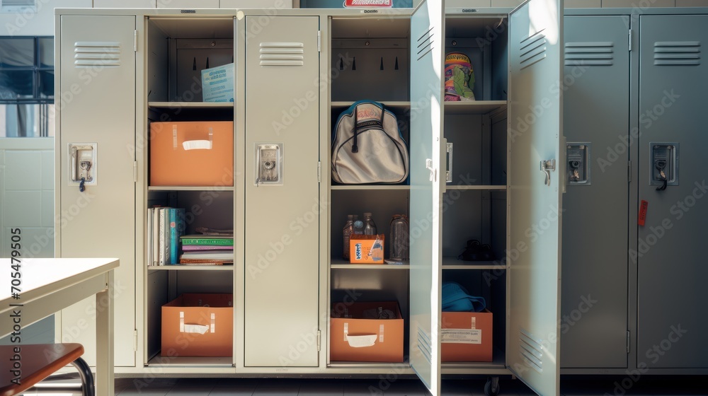 Photograph of Open locker in high school Photograph of Open locker in high school