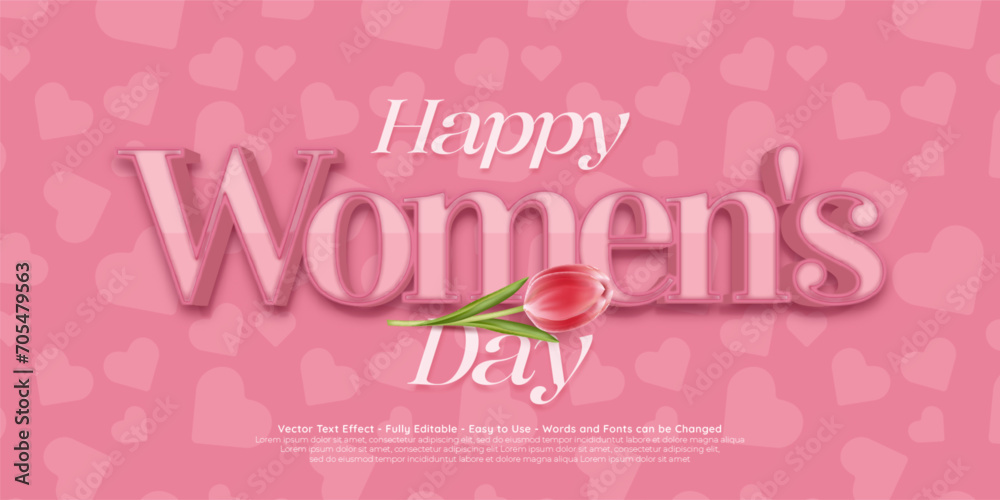 3d happy womens day vector editable text effect with tulips on pink color theme