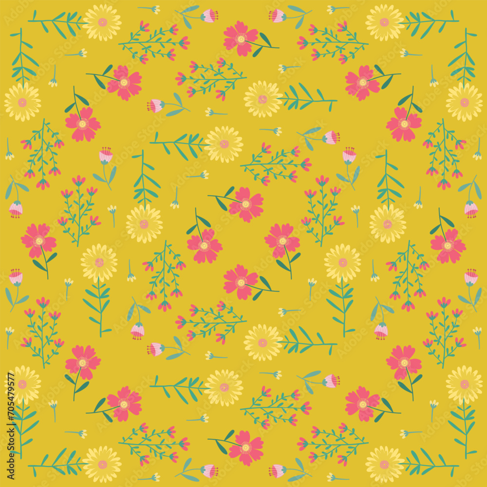 Floral Seamless Pattern of Flowers in Pink and Yellow on Old Gold Color Backdrop, Square Symmetrical Design, for Textiles, Fabrics, Decoration, Papers Prints, Fashion Backgrounds, Wrapping, Packaging