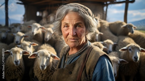 Portrait of Caucasian old gray-haired woman shepherd standing in barn © CStock