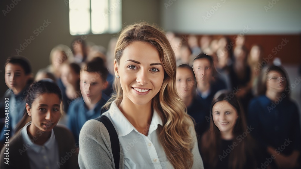 happy female teacher with students in background at school happy female teacher with students in background at school