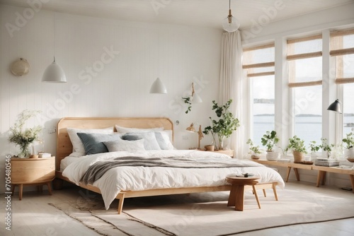 A luxurious Scandinavian bedroom with a sleek and sophisticated design, featuring plush fabrics and elegant details. © DynaVerse3D