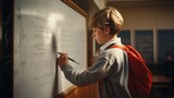 Schoolboy writing on whiteboard 