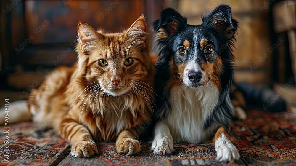 Tabby Cat Border Collie Dog Front, Desktop Wallpaper Backgrounds, Background HD For Designer