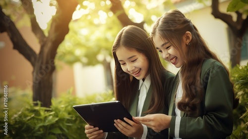 Schoolgirls looking at tablet togther and smiling  photo