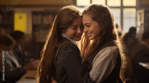 Schoolgirls hugging in classroom 
