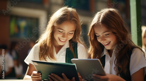 Schoolgirls looking at tablet togther and smiling  photo