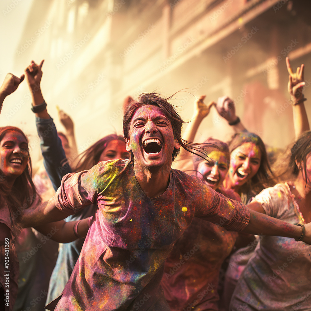 Obraz premium A Group of Friends Celebrating Holi