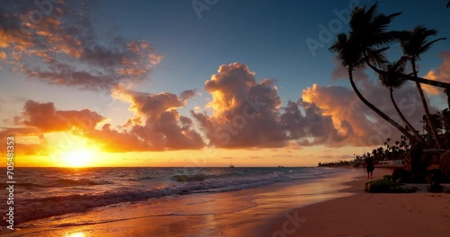 Tropical paradise shore beach with palm trees and sunrise over Caribbean sea, exotic seascape destination for relaxation and inspire living video photo