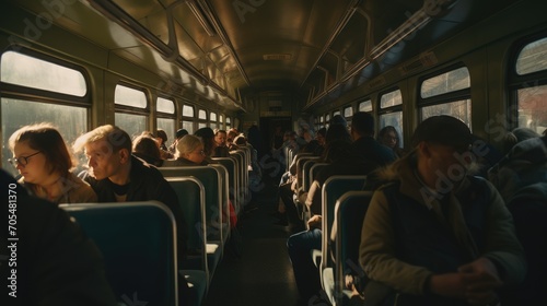 The atmosphere in the train carriage was full of passengers, AI generated Image photo