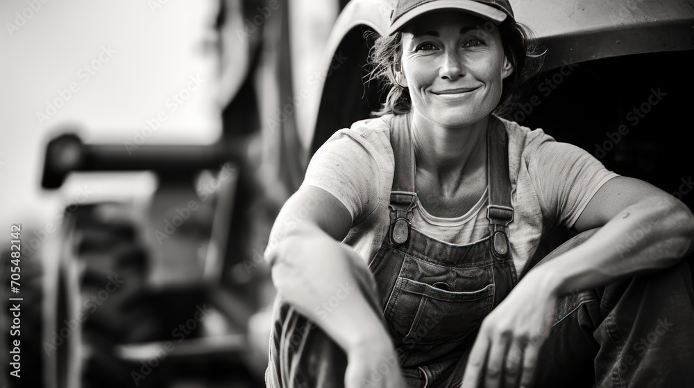 Smiling portrait of a middle aged female farmer working and living on a farm with a tractor Smiling portrait of a middle aged female farmer working and living on a farm with a tractor