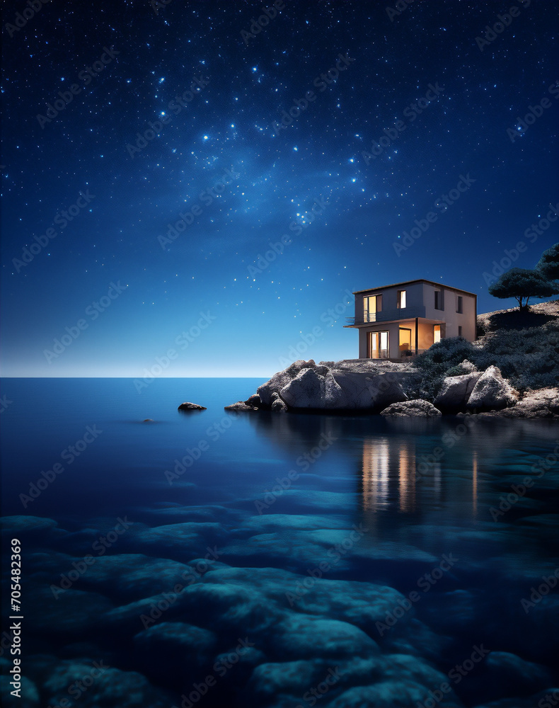 cottage in the sea at the night
