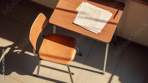 Top-down view. A school chair and desk with paper and pencil. 