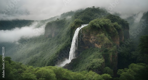 A picturesque waterfall nestled in the heart of a rugged mountain range  its rugged beauty a testament to the power of nature.