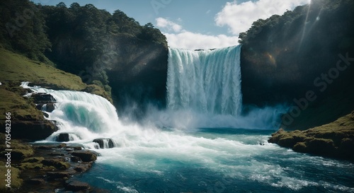 A powerful waterfall crashing down into a deep blue pool, creating a mesmerizing display of water and light.