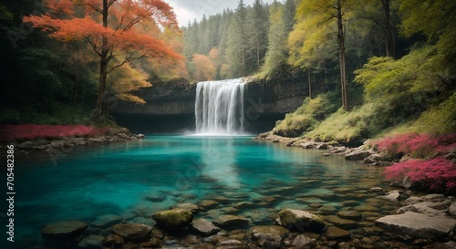 A serene waterfall hidden deep within a mystical forest  its crystal clear waters reflecting the vibrant colors of the surrounding flora.