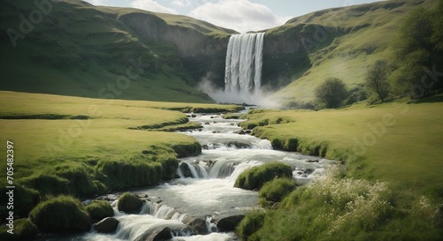 A tranquil waterfall flowing gently through a peaceful meadow  its gentle sounds lulling you into a state of relaxation.