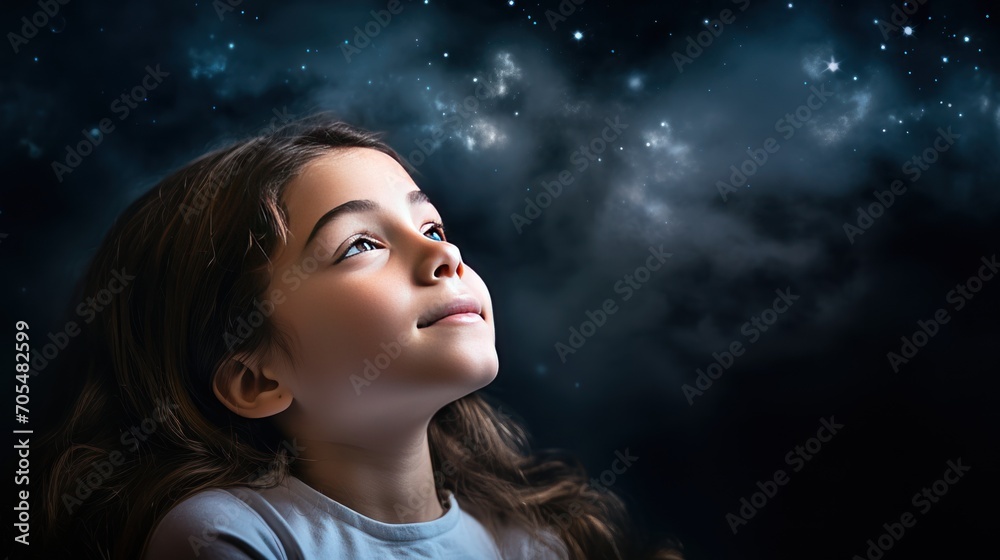 Young girl dreaming of flying to space. Young girl dreaming of flying to space.