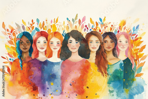 Happy women group for International Women’s day , watercolor style