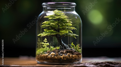 Decorative plants in glass bottles, Terrarium jar with a piece of forest with a self-sustaining ecosystem