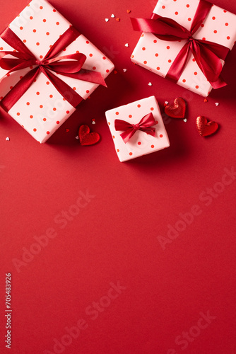 February 14 Valentine Day vertical background with gifts and hearts on red. Flat lay, top view.