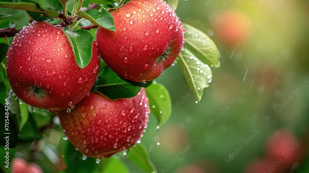 The beauty of apples on the tree is enhanced by the gentle kiss of dewdrops.
