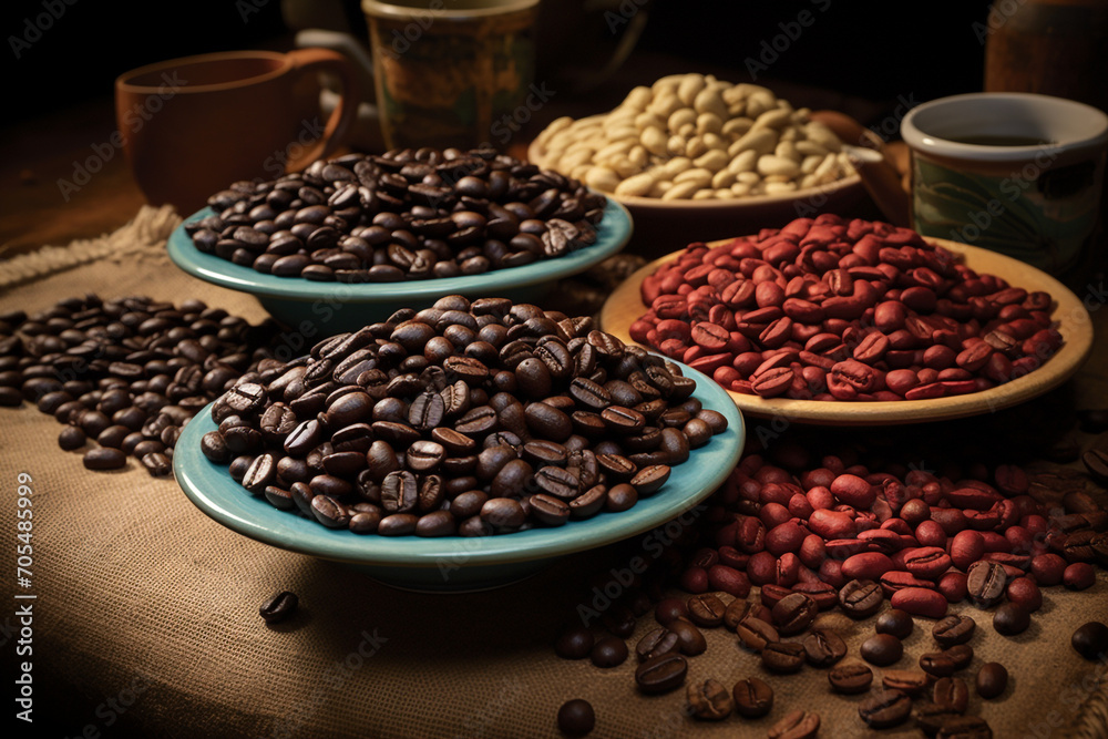 Drinks and food concept. Set of various coffee beans background with copy space. Various roasted beans placed on counter. Food background with copy space Drinks and food concept. Set of various coffee beans background with copy space. Various roasted beans placed on counter. Food background with copy space