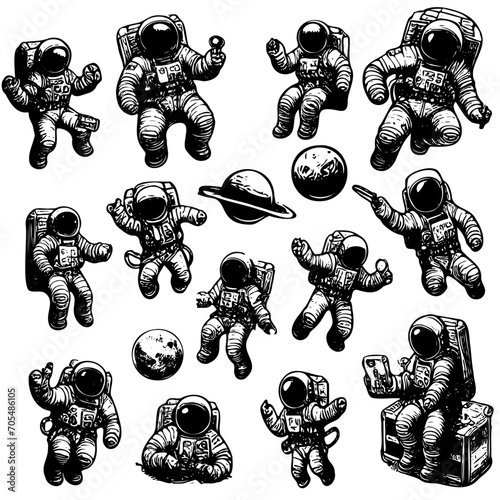 Astronauts space mission poster set, Hand Drawn Sketch Vector illustration.