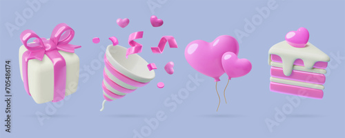 3D party icons set. Pink and white cake piece, heart balloons, party popper with confetti and gift box with a present. Valentine's Day romantic three dimensional decorative vector elements collection.