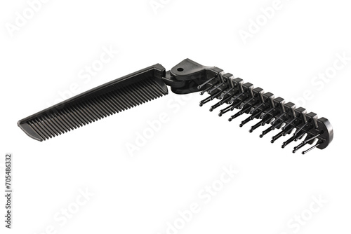 Hair Comb. Sisir lipat. Black double sided folded comb, made by plastic, for travelling, isolated on white background. Close-up