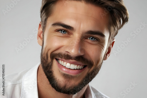 Studio portrait of a bearded young man smiling. Skincare and beauty image. Dental advertisement.  © PixelHarmony