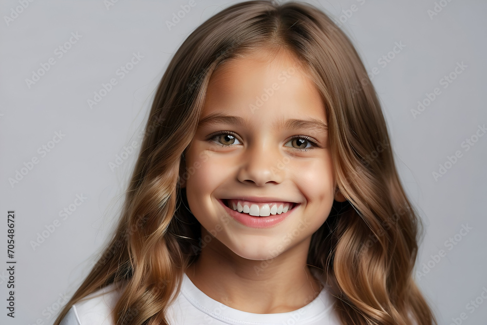 Studio portrait of a beautiful young girl with long flowing hair happily smiling at the camera. Dental advertisement. Skincare and beauty promotional image. Studio portrait of a beautiful young girl with long flowing hair happily smiling at the camera. Dental advertisement. Skincare and beauty promotional image.