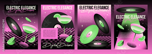 Set of y2k electronic music party posters. Vector realistic illustration of nightclub flyers, concert banners with cocktail glasses, vinyl platters, sparkling stars on pink background, retro style art