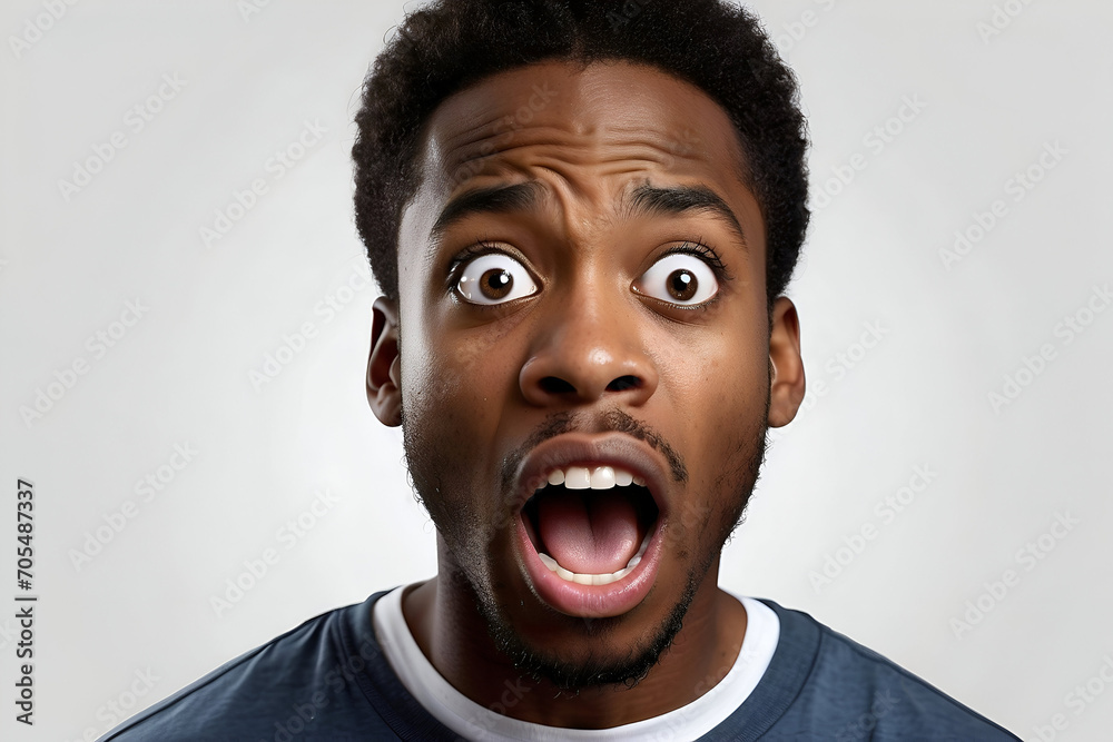 A handsome young black man looks at the camera with a surprised expression on his face. A handsome young black man looks at the camera with a surprised expression on his face.