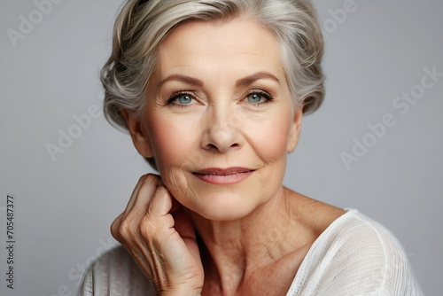 Studio portrait of a beautiful elderly woman with a sophisticated hairstyle and smooth skin. Beauty and skincare promotional image.