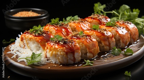 Sushi and fried garlic prawns, prawns on stone plate