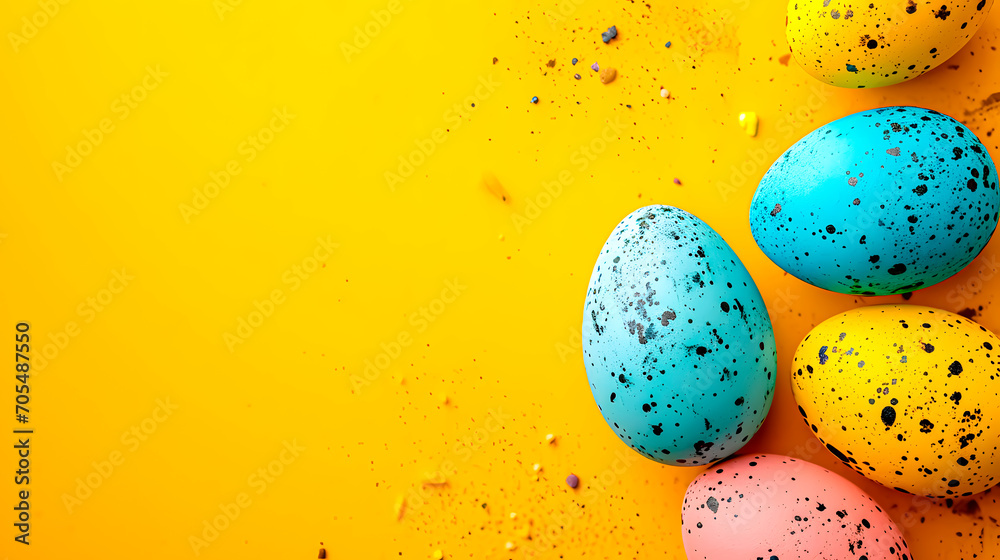 Easter eggs on a yellow background. Space for text.	
