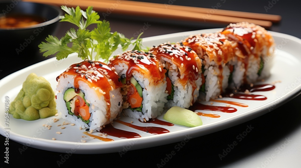 Sushi rolls Japanese food. Sushi roll with tuna, vegetables and unagi sauce closeup. Sushi rolls Japanese food. Sushi roll with tuna, vegetables and unagi sauce closeup.