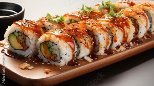 Sushi rolls Japanese food. Sushi roll with tuna, vegetables and unagi sauce closeup.